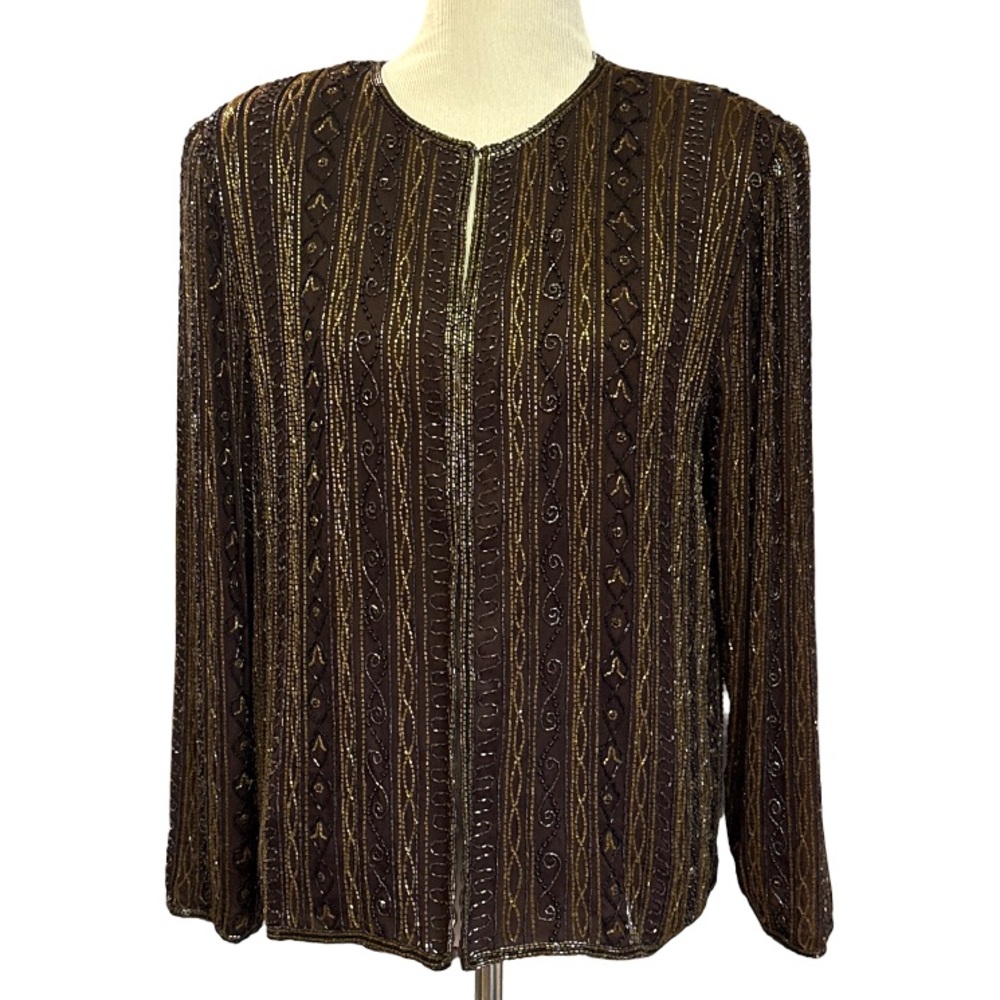 Vintage Laurence Kazar Brown and Gold Beaded Silk Jacket size large
